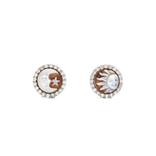 Sterling Silver Earrings with shell cameo round shape size 8mm with engraved Sun and Moon and white zircons – Rhodium Color