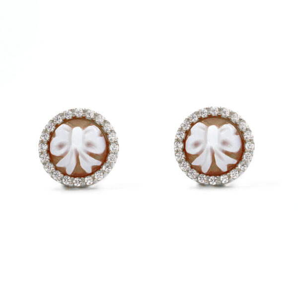 Sterling Silver Earrings with shell cameo round shape size 8mm with engraved ribbon and white zircons – Rhodium Color