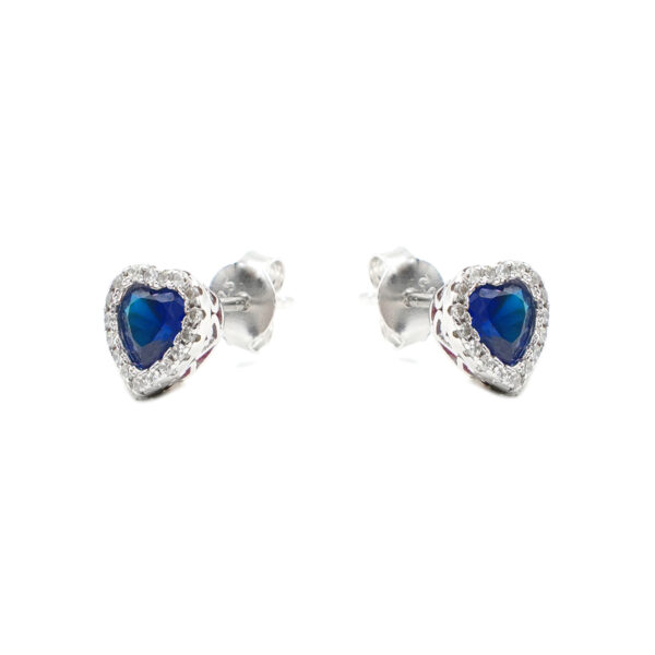 Sterling Silver Earrings with blue heart zircons and white zircons – Rhodium Color