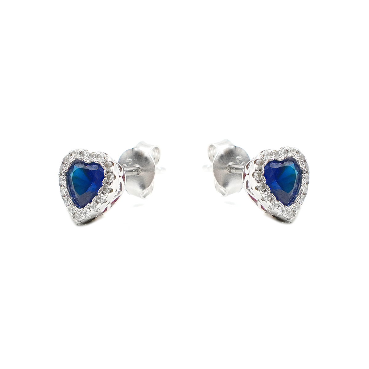 Orecchini in argento con zirconi blu a cuore e bianchi – Rodiato