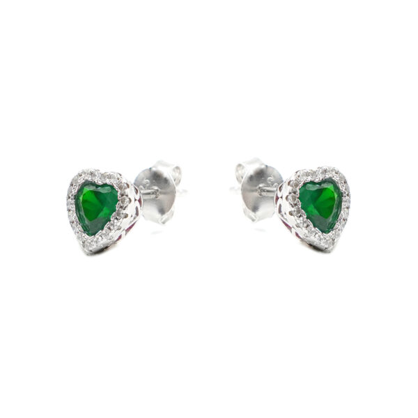 Sterling Silver Earrings green heart zircons and white zircons – Rhodium Color