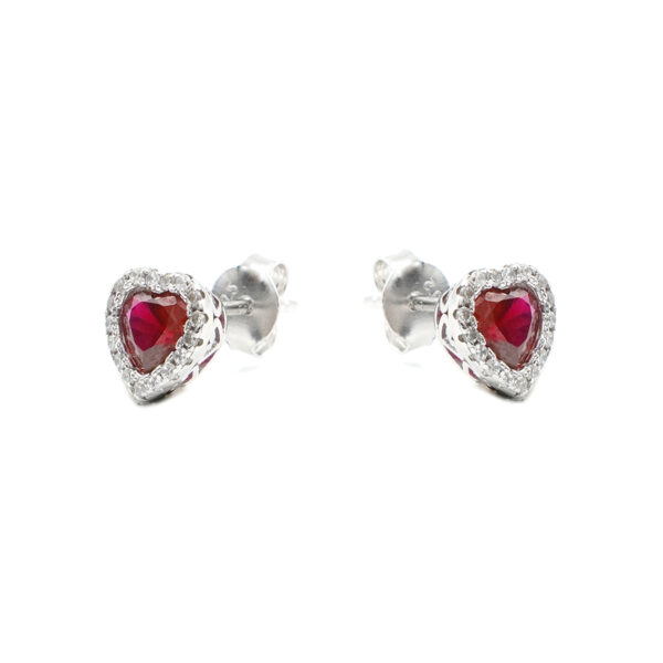 Sterling Silver Earrings red heart zircons and white zircons – Rhodium Color