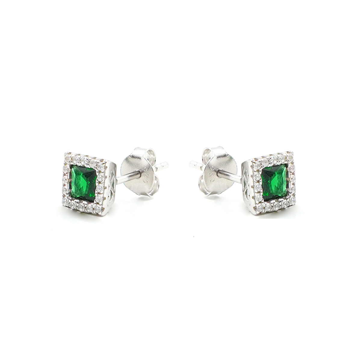 Sterling Silver Earrings with green and white zircons – Rhodium Color