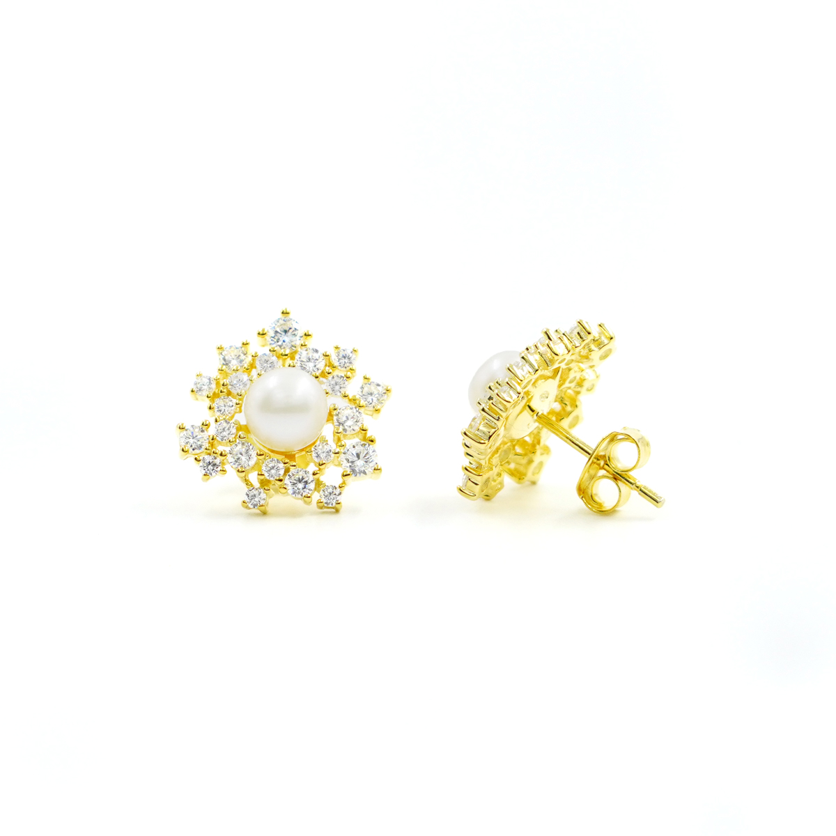 Sterling Silver Earrings with white zircons and pearls – Golden Color