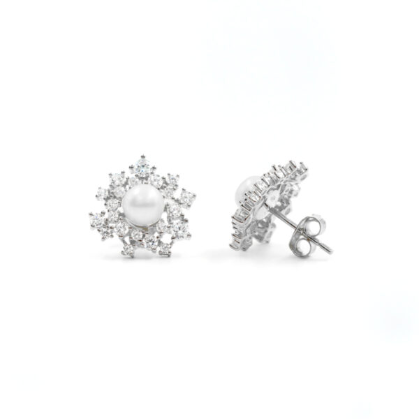 Sterling Silver Earrings with white zircons and pearls – Rhodium Color