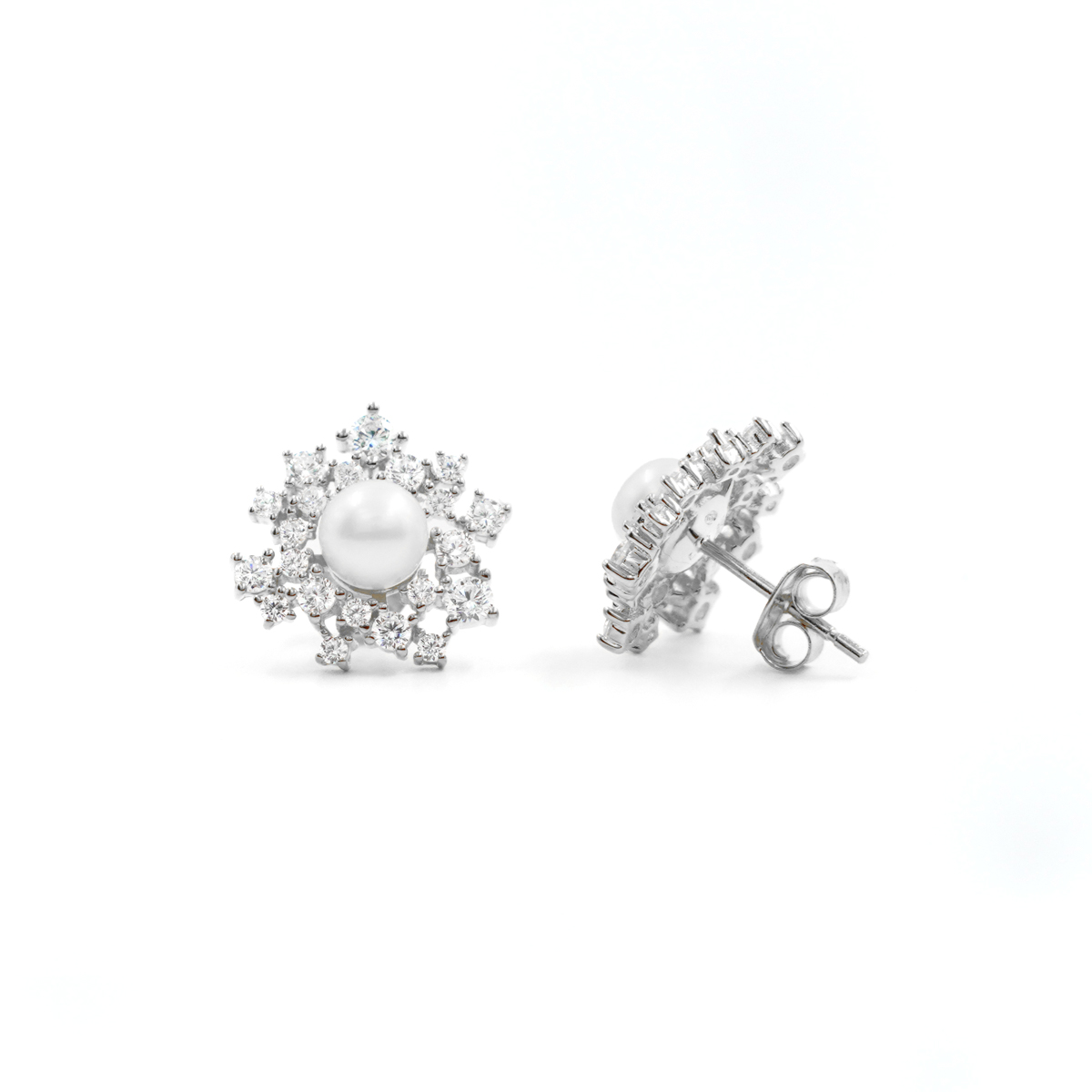 Sterling Silver Earrings with white zircons and pearls – Rhodium Color