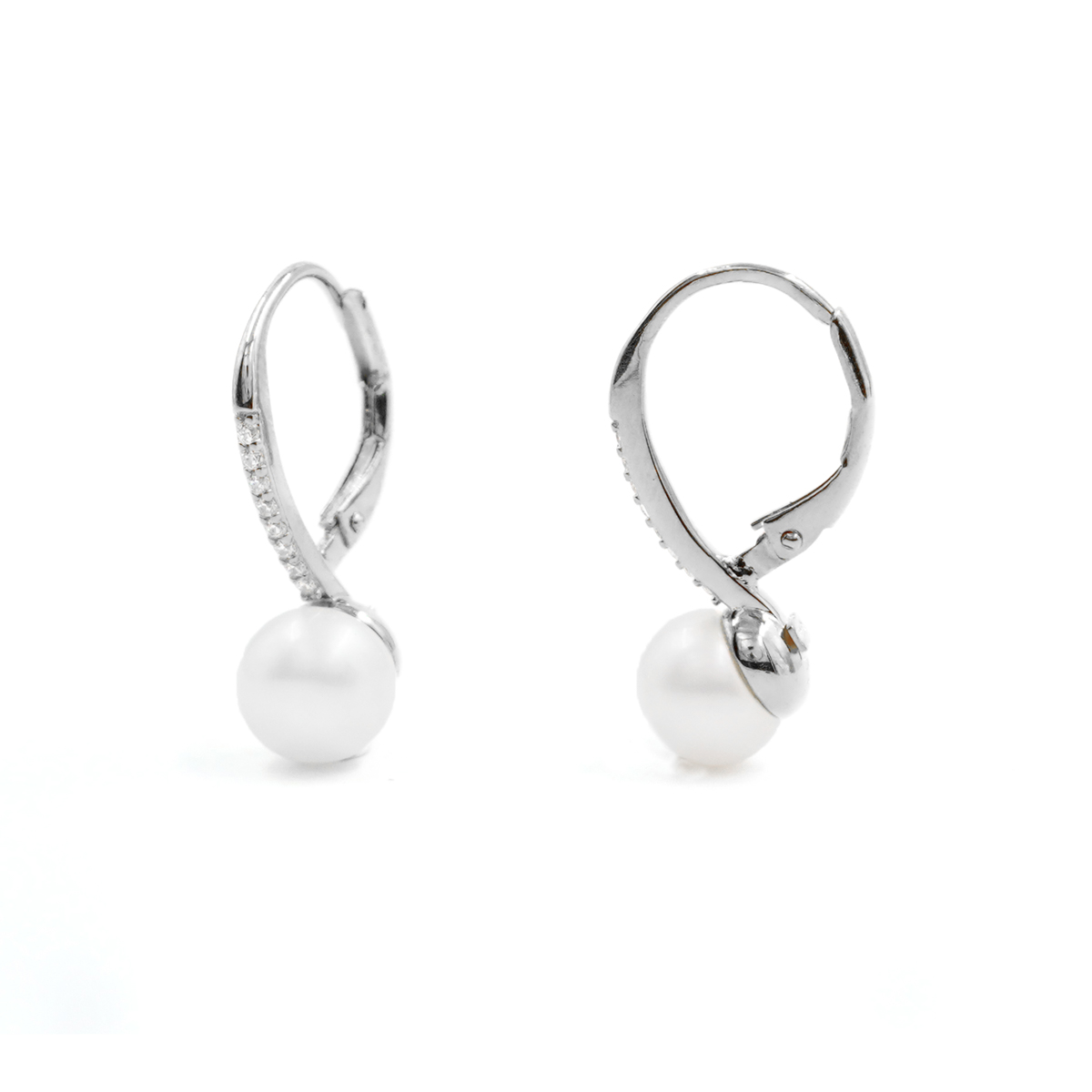 Sterling Silver Earrings with white zircons and pearls – Rhodium Color