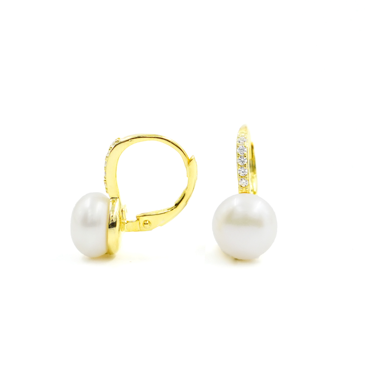 Sterling Silver Earrings with white zircons and pearls – Golden Color