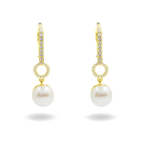 Sterling Silver Earrings with white zircons and pearls – Golden Color