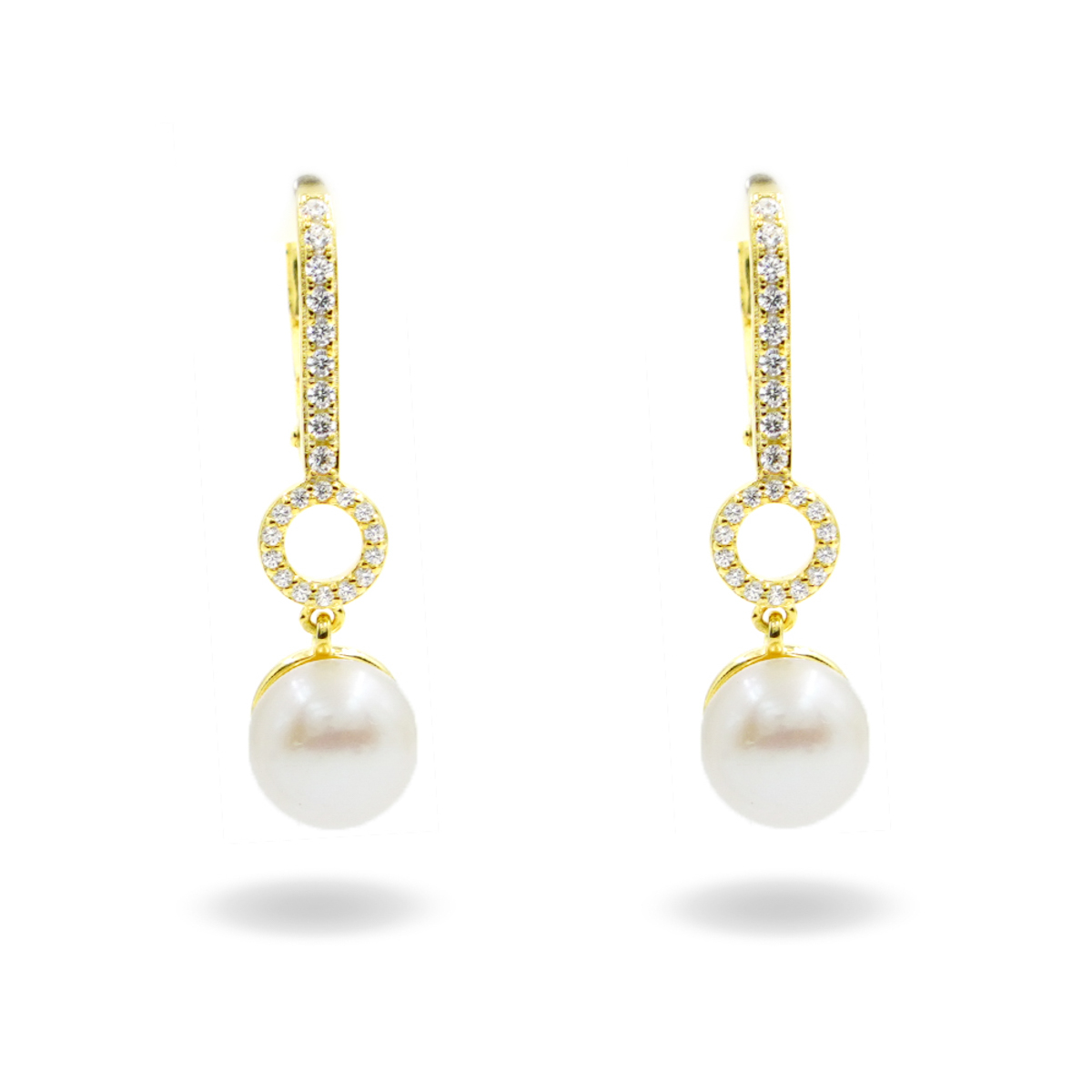 Sterling Silver Earrings with white zircons and pearls – Golden Color