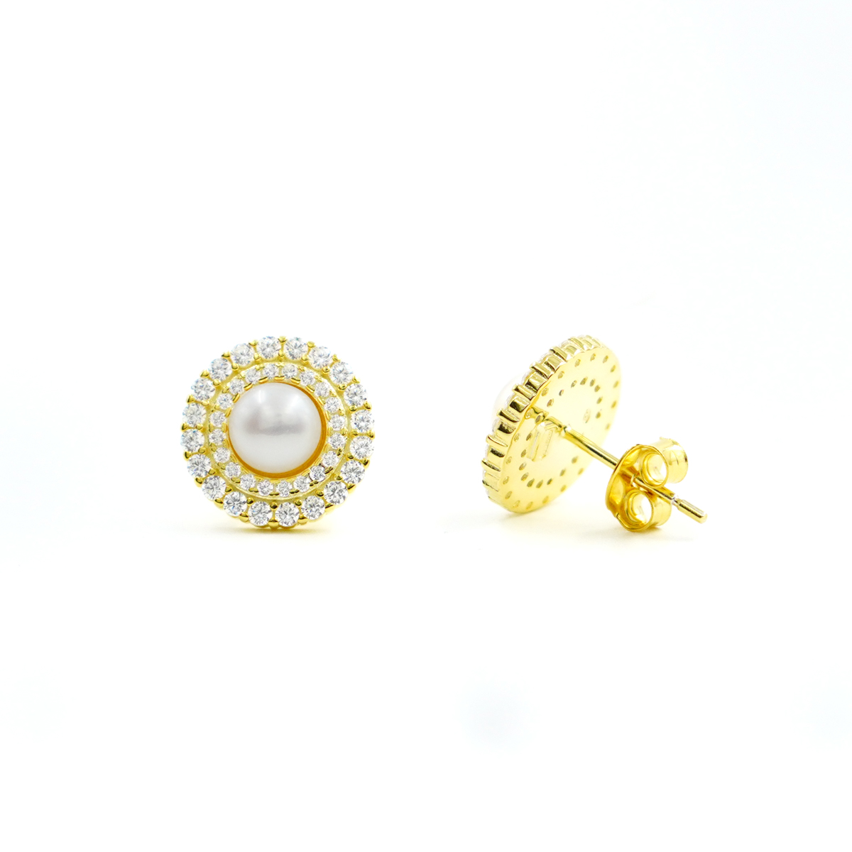 Sterling Silver Earrings with white zircons and pearls – Golden Color