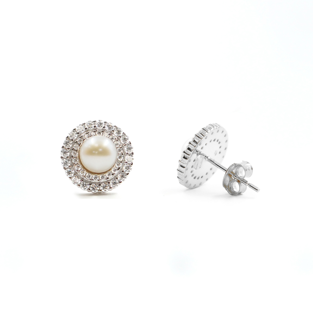 Sterling Silver Earrings with white zircons and pearls – Rhodium Color
