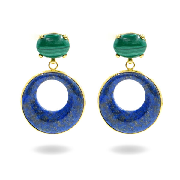 Sterling Silver Earrings with malachite and lapis lazuli creole - Golden Color