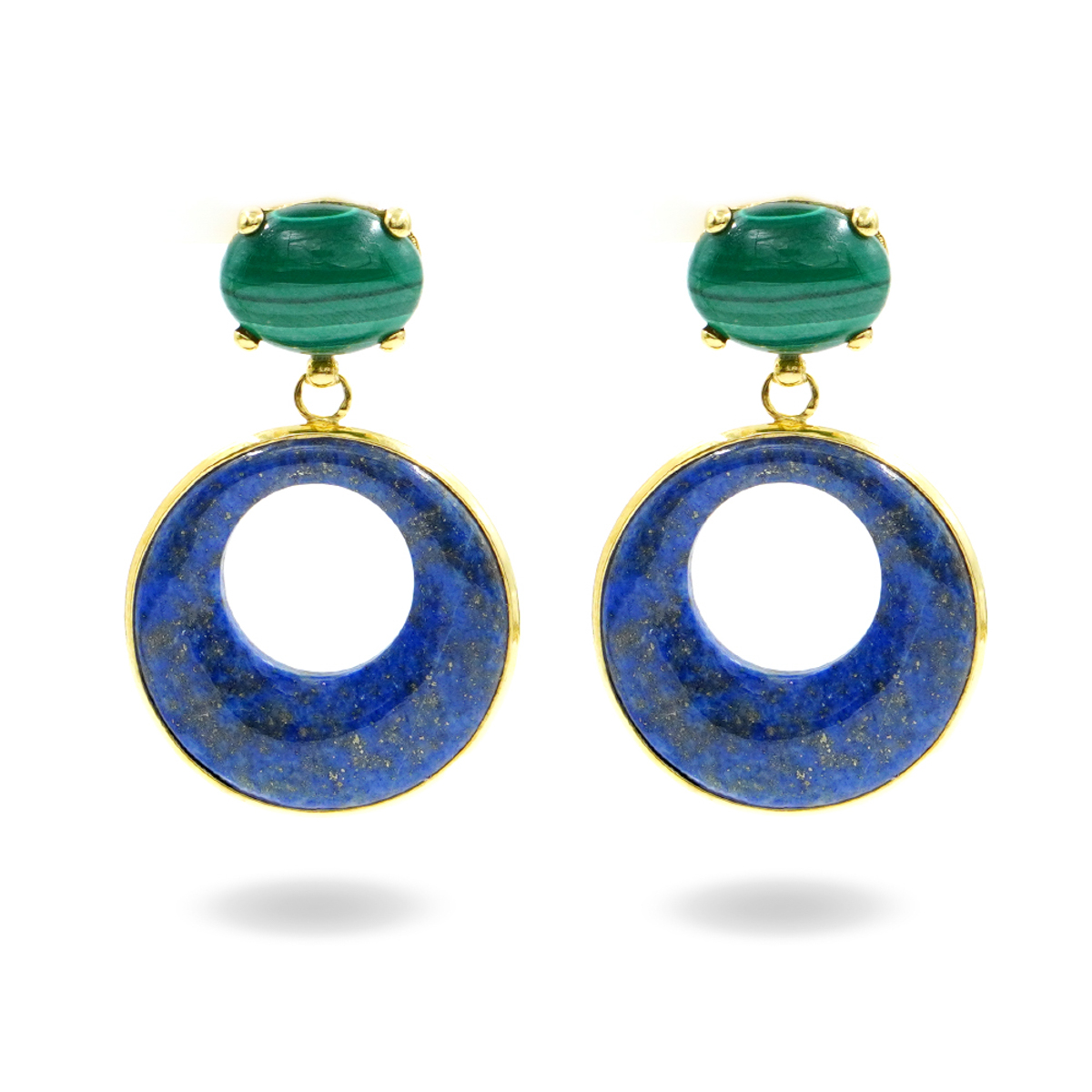 Orecchini in argento con malachite e creole di lapis - Dorato
