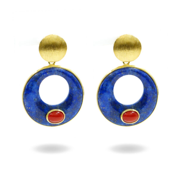 Sterling Silver Earrings with coral and lapis lazuli creole - Golden Color