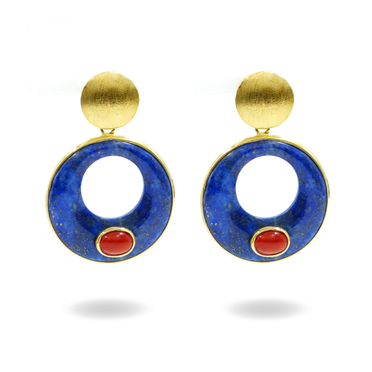 Orecchini in argento con corallo e creole di lapis - Dorato