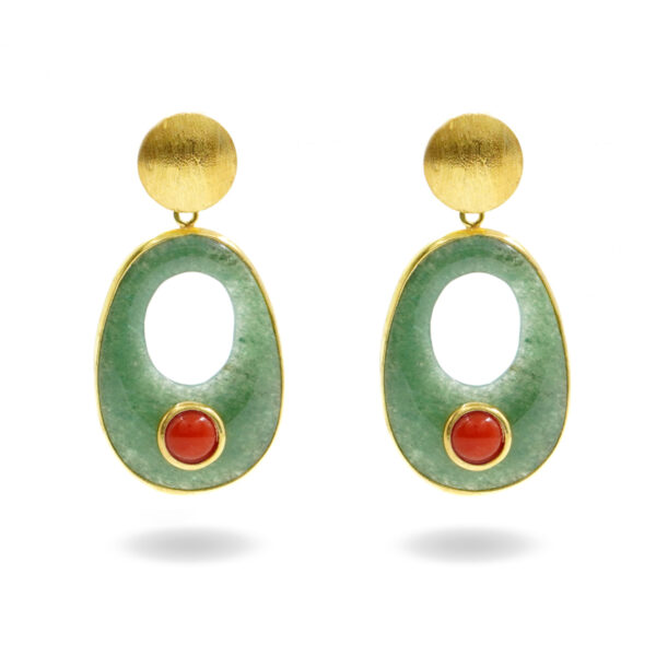 Sterling Silver Earrings with coral and aventurina creole - Golden Color