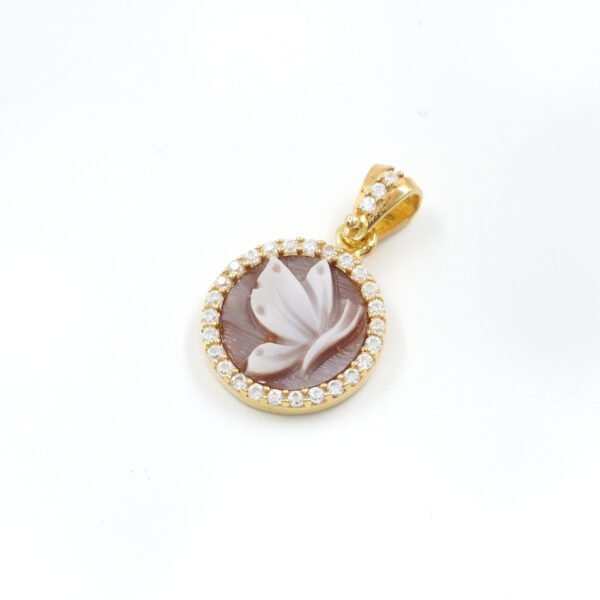 Pendente in argento 925 cammeo tondo 12mm con farfalla e zirconi bianchi – Dorato