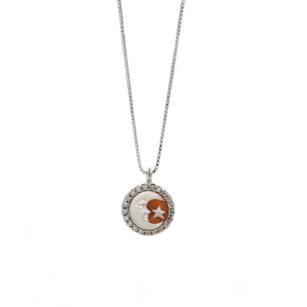 Sterling Silver Necklace with  shell cameo round shape size 8mm with engraved Moon and white zircons – Rhodium Color