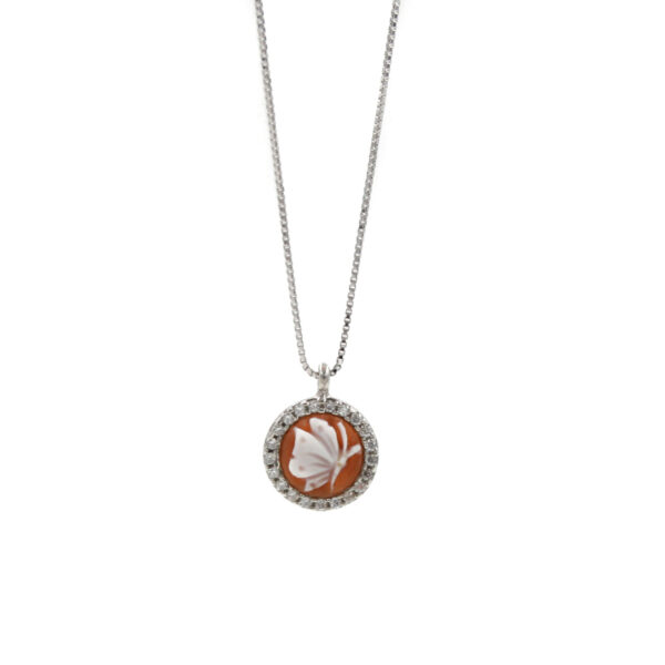 Sterling Silver Necklace with  shell cameo round shape size 8mm with engraved butterfly and white zircons – Rhodium Color