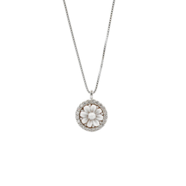 Sterling Silver Necklace with  shell cameo round shape size 8mm with engraved flower and white zircons – Rhodium Color
