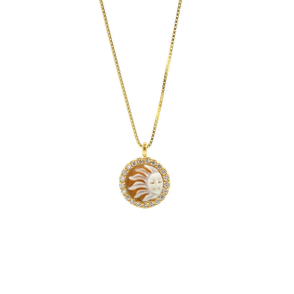 Sterling Silver Necklace with  shell cameo round shape size 8mm with engraved Sun and white zircons – Golden Color