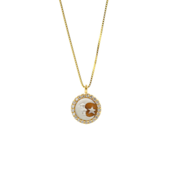 Sterling Silver Necklace with  shell cameo round shape size 8mm with engraved Moon and white zircons – Golden Color