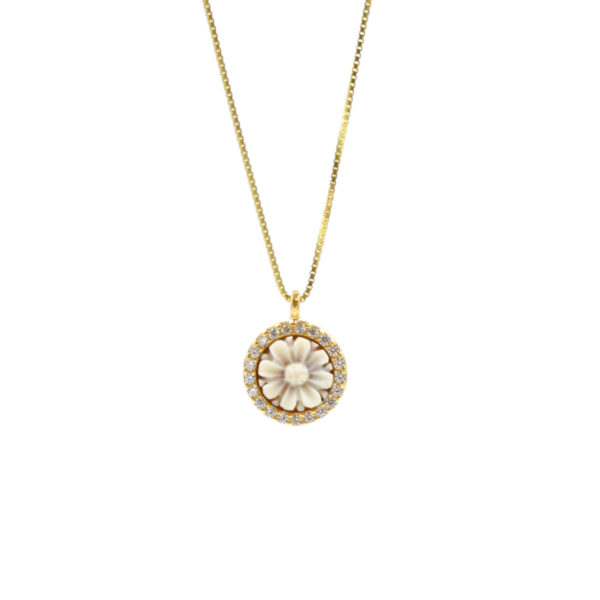 Sterling Silver Necklace with  shell cameo round shape size 8mm with engraved flower and white zircons – Golden Color