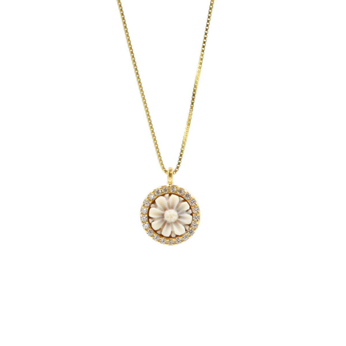 Collana in Argento 925 e cammeo tondo 8mm con fiore e zirconi Bianchi – Dorato