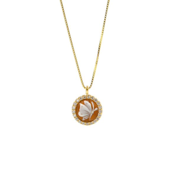 Sterling Silver Necklace with  shell cameo round shape size 8mm with engraved butterfly and white zircons – Golden Color