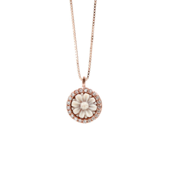 Sterling Silver Necklace with  shell cameo round shape size 8mm with engraved flower and white zircons – Rose Color