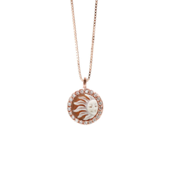 Sterling Silver Necklace with  shell cameo round shape size 8mm with engraved Sun and white zircons – Rose Color
