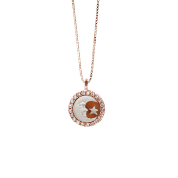 Sterling Silver Necklace with  shell cameo round shape size 8mm with engraved Moon and white zircons – Rose Color