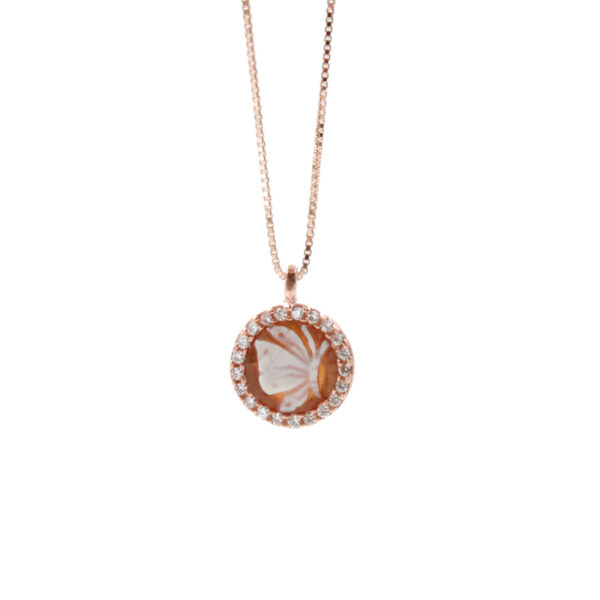 Sterling Silver Necklace with  shell cameo round shape size 8mm with engraved butterfly and white zircons – Rose Color