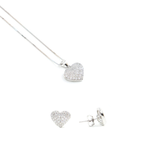 Orecchini e Collana in argento forma cuore con zirconi bianchi – Rodiato