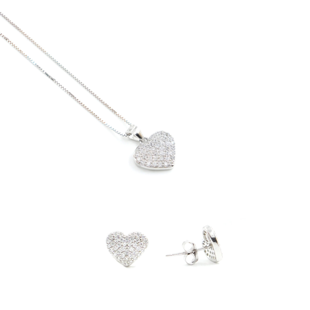 Orecchini e Collana in argento forma cuore con zirconi bianchi – Rodiato