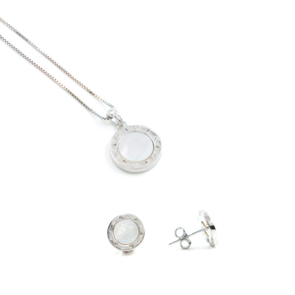 Orecchini e Collana in argento forma tonda con madreperla e zirconi bianchi – Rodiato