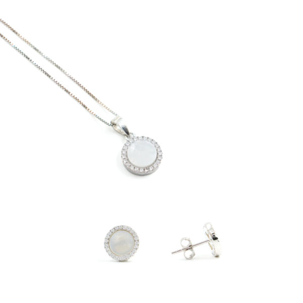 Orecchini e Collana in argento forma tonda con madreperla e zirconi bianchi – Rodiato