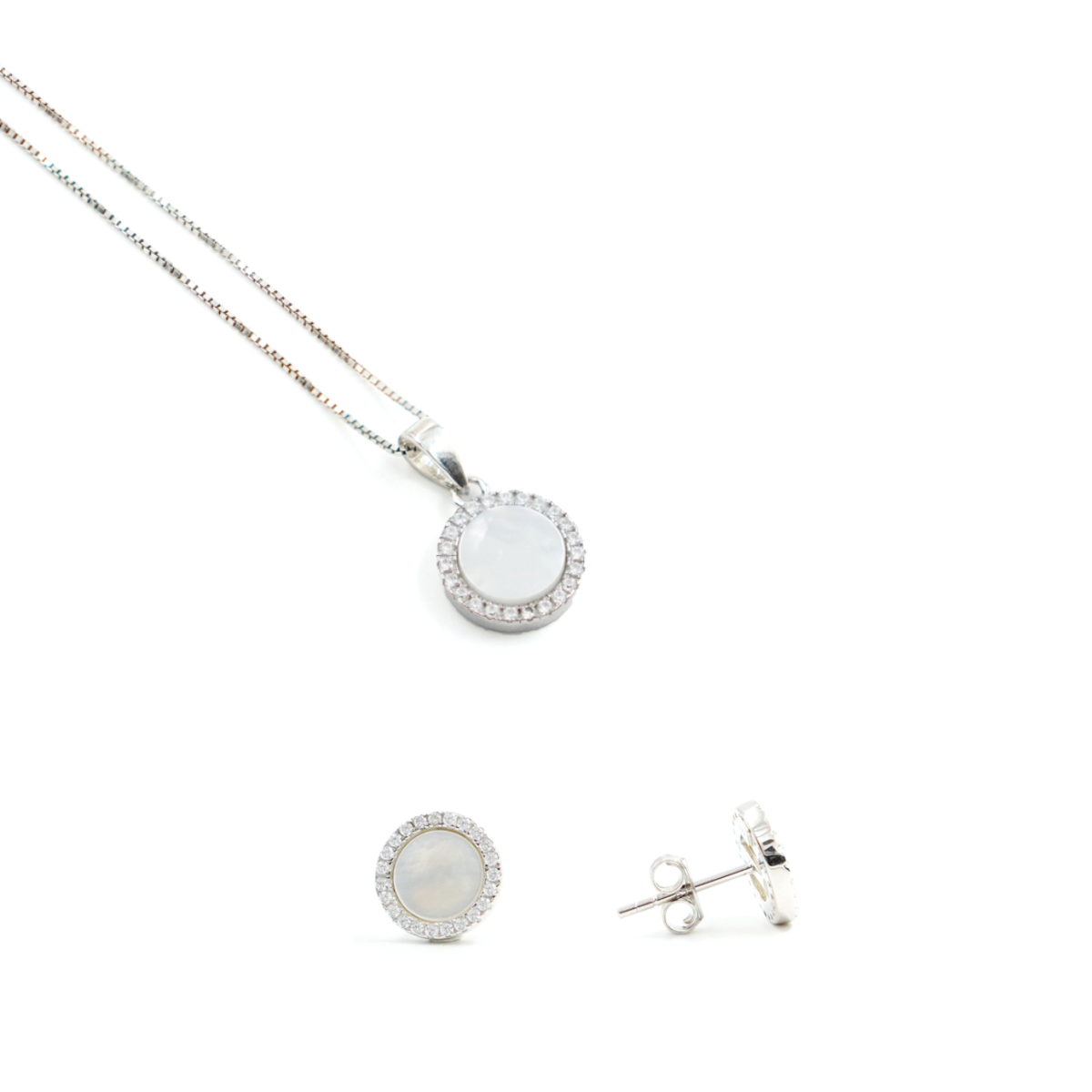 Orecchini e Collana in argento forma tonda con madreperla e zirconi bianchi – Rodiato