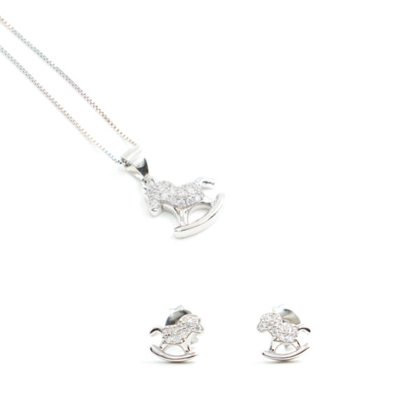 Orecchini e Collana in argento forma cavalluccio con zirconi bianchi – Rodiato