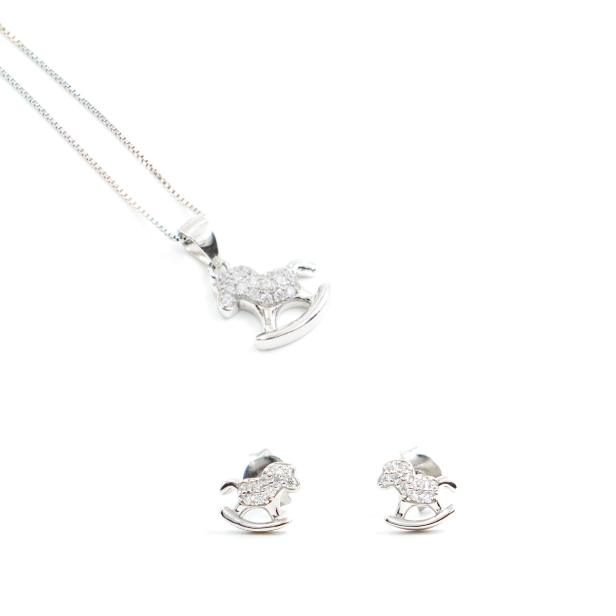 Orecchini e Collana in argento forma cavalluccio con zirconi bianchi – Rodiato