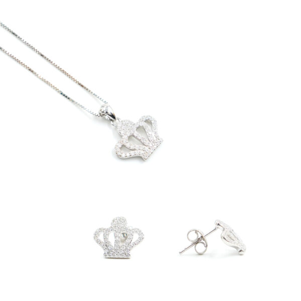 Orecchini e Collana in argento forma corona con zirconi bianchi – Rodiato