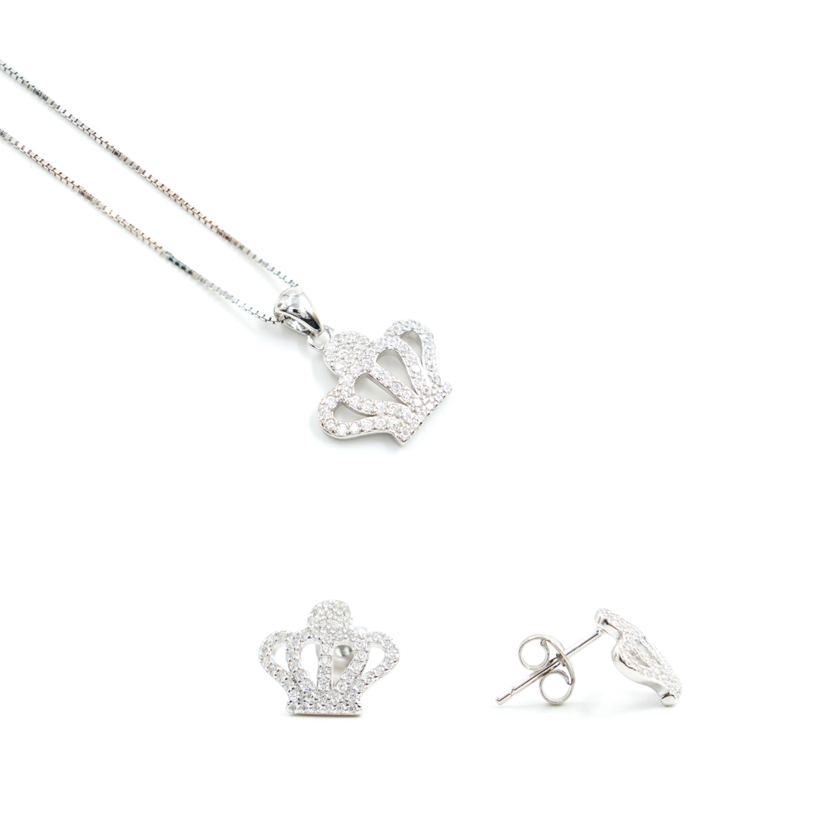 Orecchini e Collana in argento forma corona con zirconi bianchi – Rodiato