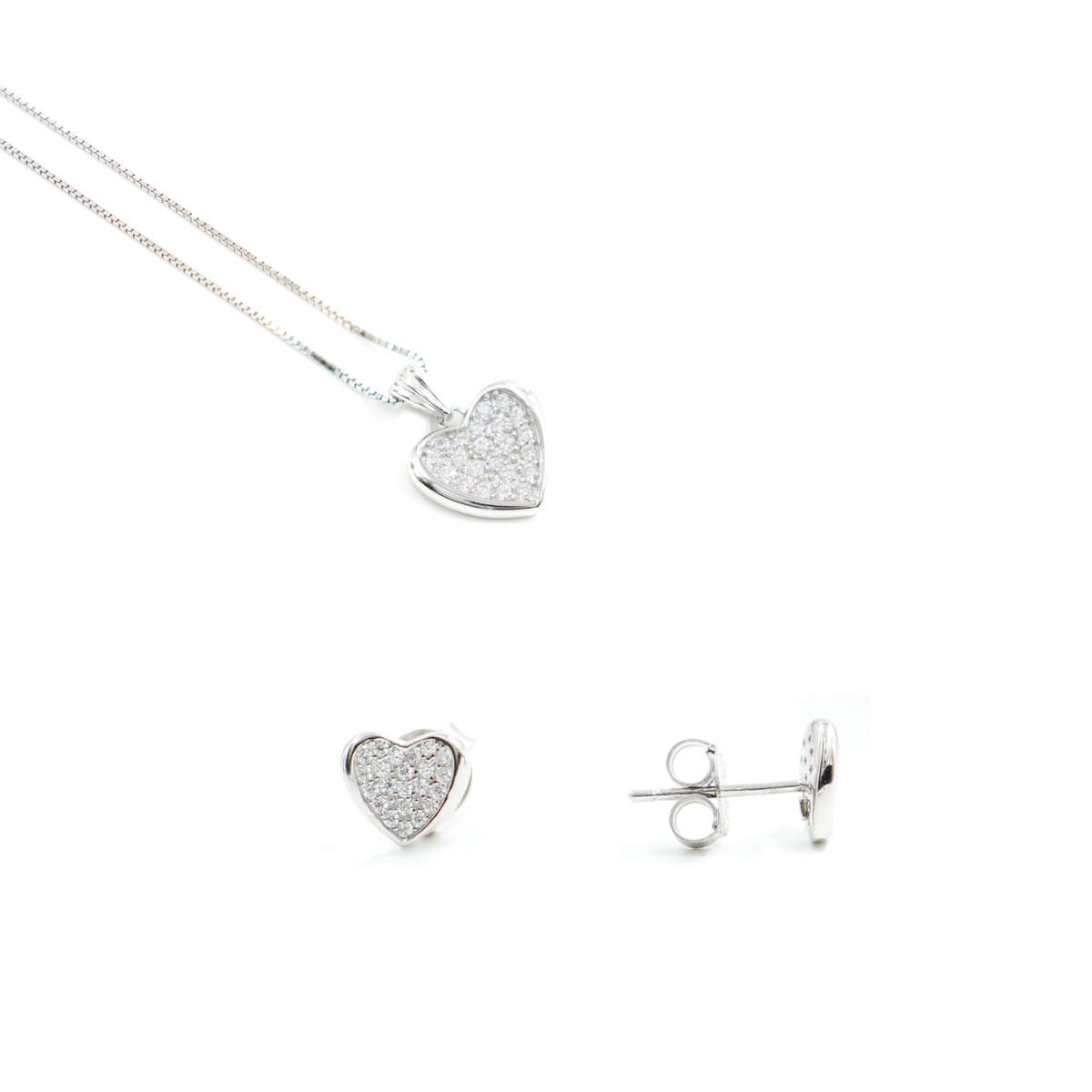 Orecchini e Collana in argento forma cuore con zirconi bianchi – Rodiato