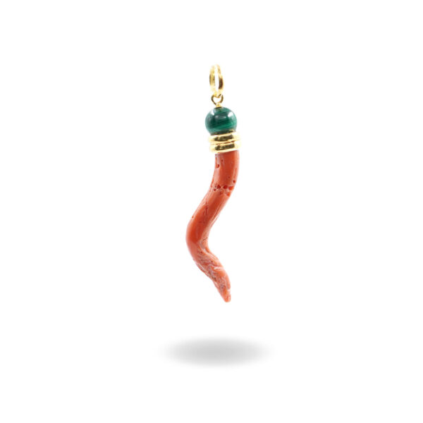 Sterling Silver Pendant with malachite and coral horn shape - Golden Color