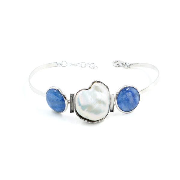 Sterling Silver Bracelet with baroque pearl and kyanite - Rhodium Color