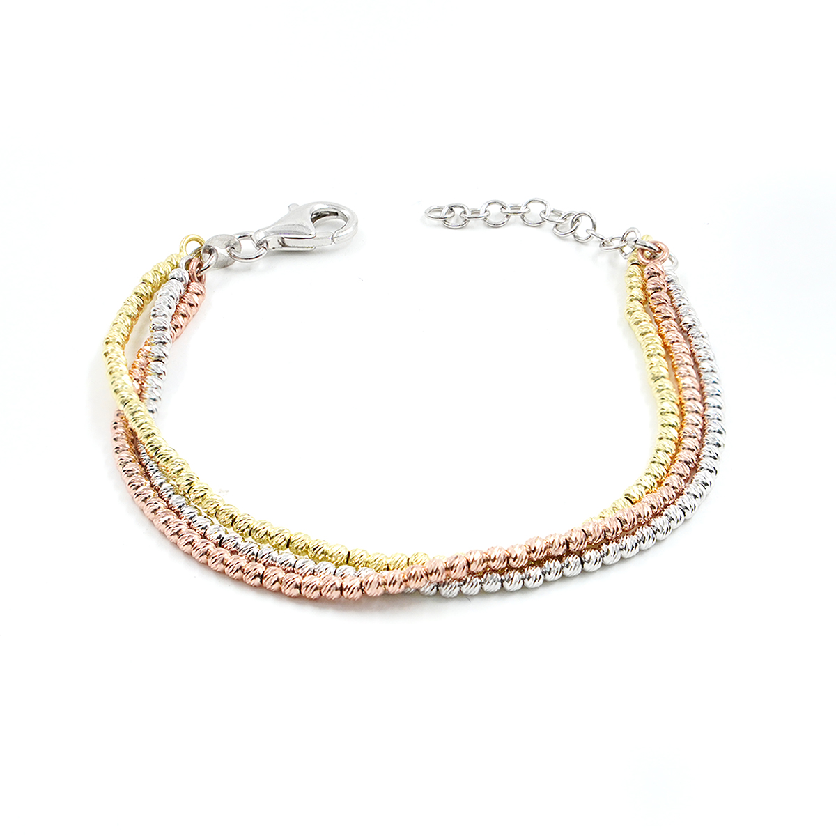 Bracciale in argento con sfere diamantate rodiate, dorate e rose'
