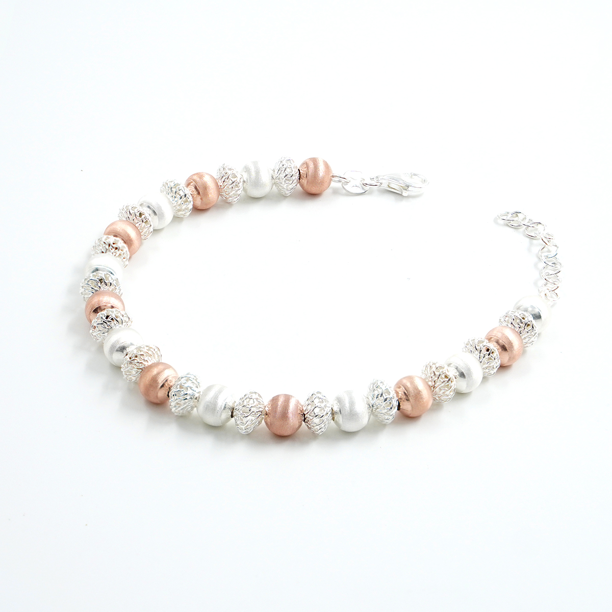 Bracciale in argento con sfere satinate 6mm, Rodiato e Rose'