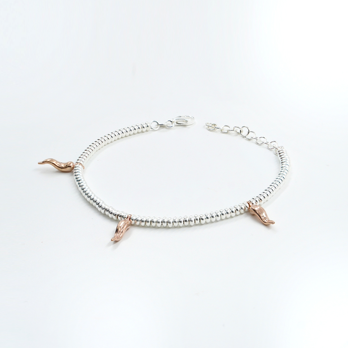 Bracciale in argento con rondelle e cornetti portafortuna, Argentato e Rose'