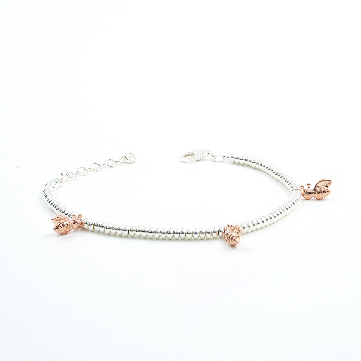 Bracciale in argento con rondelle e ape portafortuna, Argentato e Rose'